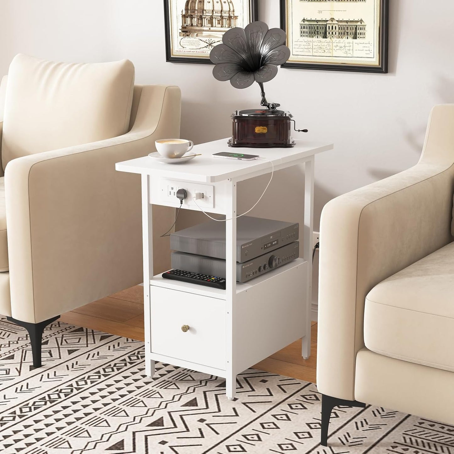 LIDYUK End Table with Charging Station, Narrow Side Table with Drawer and USB Ports & Power Outlets, Nightstand Bedside Tables for Small Spaces, Bedroom, Living Room, White, Set of 2