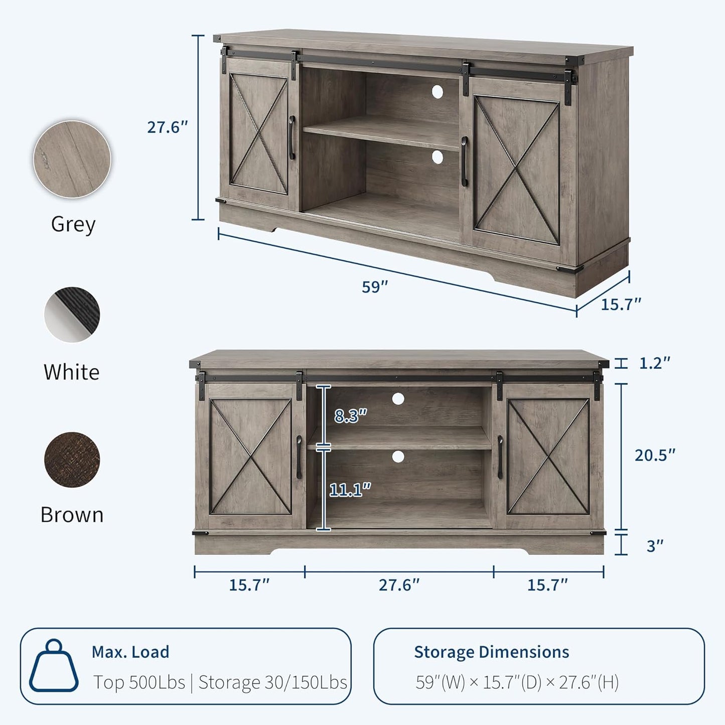 GarveeHome Farmhouse TV Stand for TV up to 65 Inches and Entertainment Center with Sliding Barn Doors and Adjustable Shelf, Tv Media Console Table with Storage Cabinet for Living Room, Bedroom, Grey