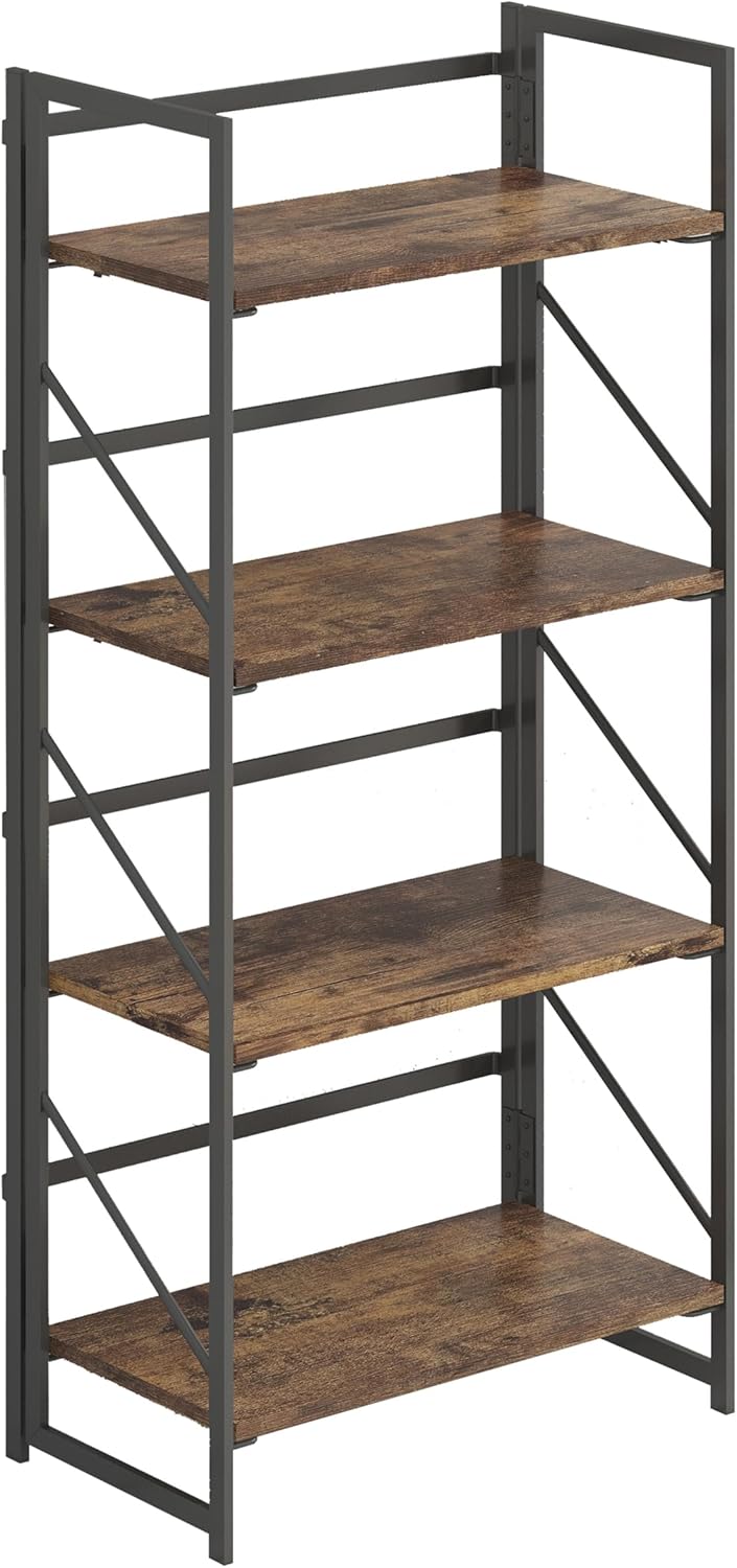 JSB No Assembly Folding Bookshelf, 4 Tier Industrial Metal Book Shelf for Storage, Vintage Wood Foldable Bookcase for Living Room, Bedroom, Office Organization Shelves
