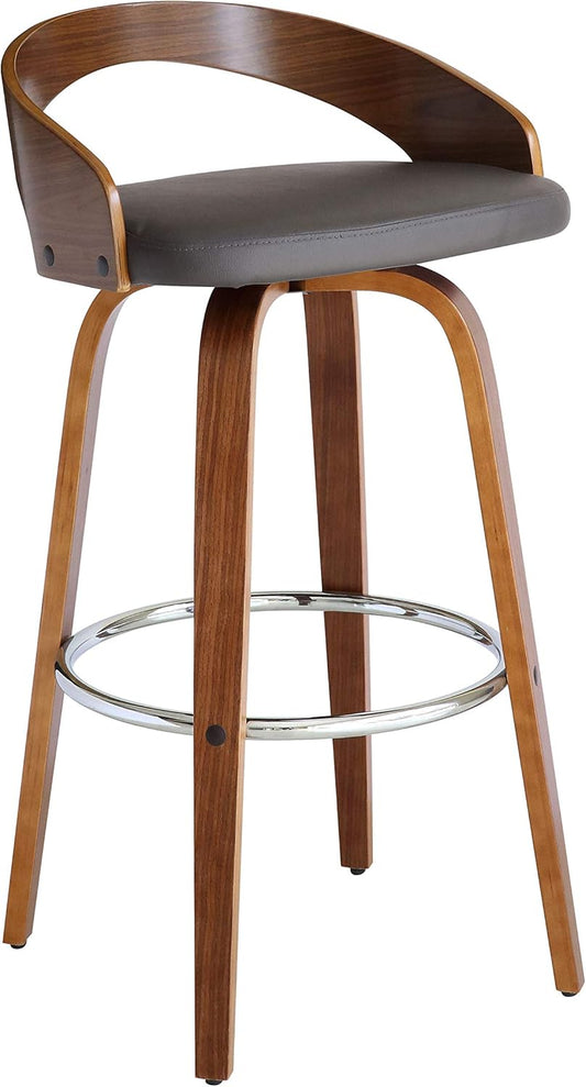 Armen Living Sonia 30" Bar Height Swivel Gray Faux Leather and Walnut Wood Bar Stool - Set of 3