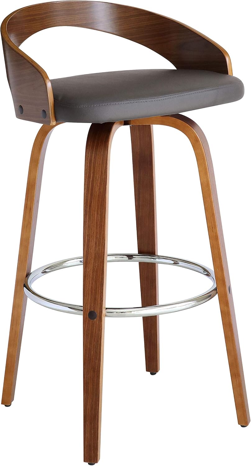 Armen Living Sonia 30" Bar Height Swivel Gray Faux Leather and Walnut Wood Bar Stool