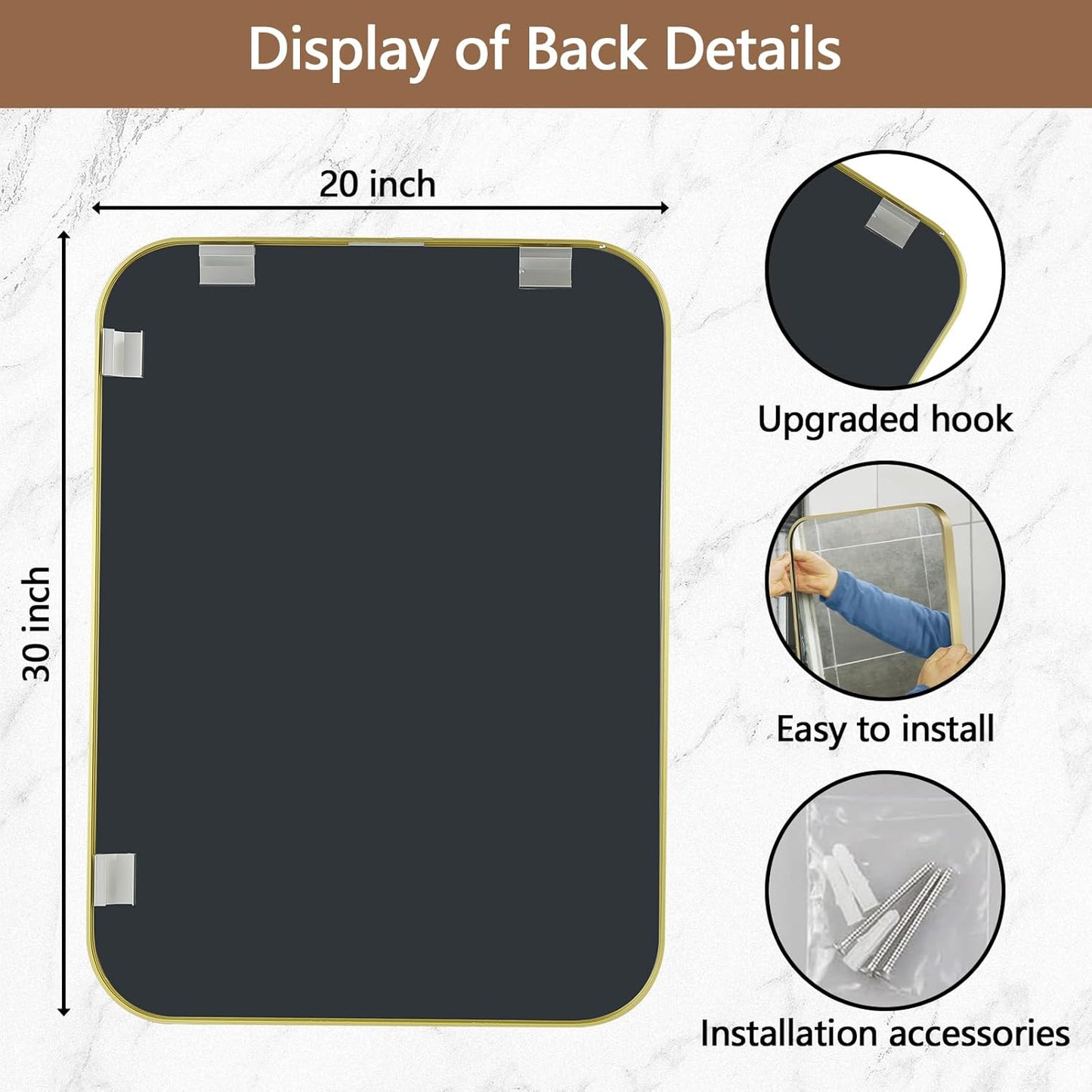 20x30 Inch Gold Mirror, Framed Rectangle Mirror with Rounded Corner, Brushed Brass Mirror, Gold Bathroom Mirror for Over Sink, Vanity, Living Room, Bedroom, Horizontal/Vertical