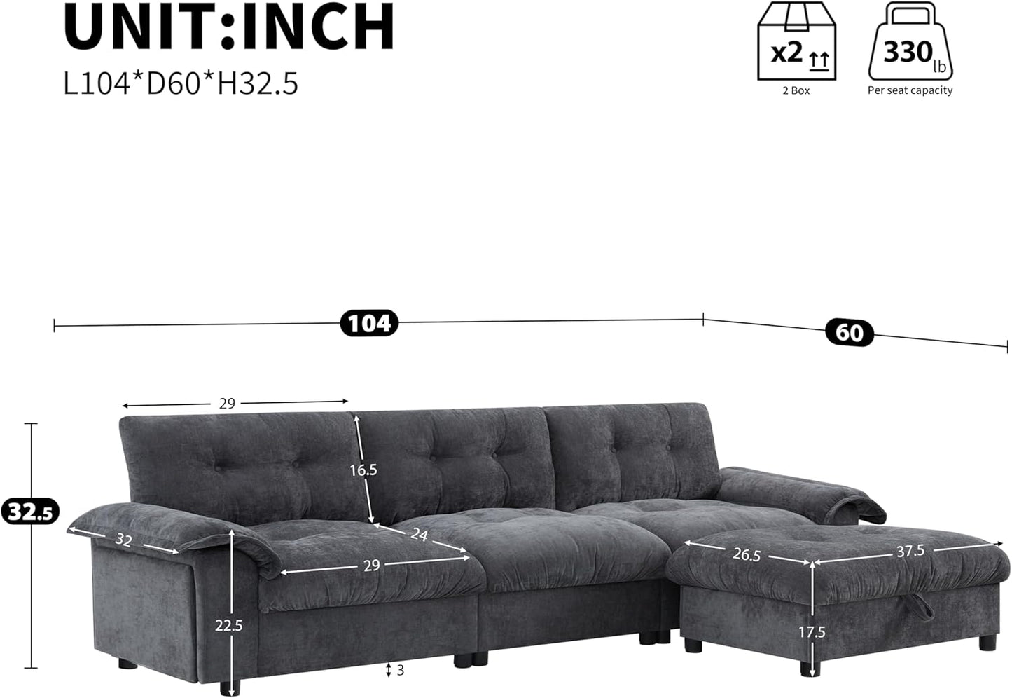 Mreax L-Shape Sectional Sofa with Movable Storage Ottoman and Multifunctional Armrest, 4 Seater Oversized Chenille Upholstered Cloud Couch for Living Room, Apartment, Unique Tufted Design, Dark Gray