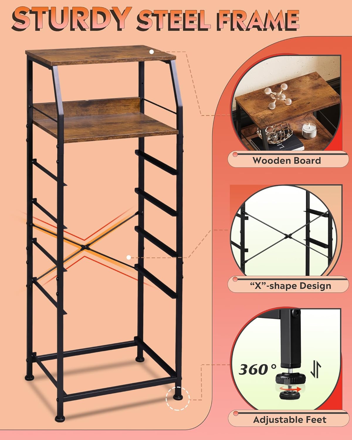 WLIVE Tall Night Stand with 5 Fabric Drawers, Bedroom Nightstand with 5 Drawers & 2 Open Shelves, Fabric Dresser Organizer, Sturdy Steel Frame Bedside Table, Rustic Brown Wood Grain Print