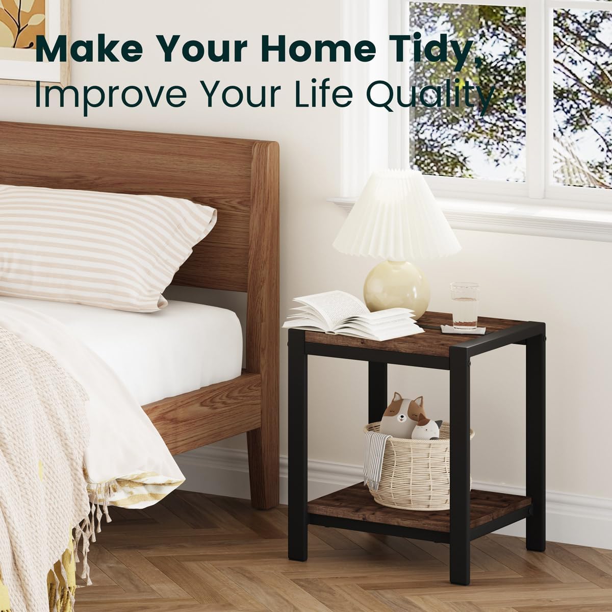 BON AUGURE End Table, Small Side Table for Living Room, Night Stand, Bedside Tables with 2-Tier Storage Shelves for Bedroom, Small Spaces (Rustic Oak)