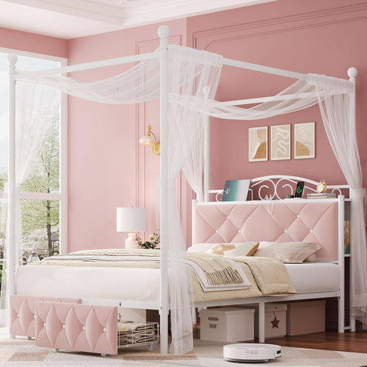 Queen Upholstered Canopy Bed Frame with 2 Drawers & Crystal Tufted Storage Headboard Two-Purpose Metal Platform Bed with 4 Removable Posts & Charging Station Pink Princess Bed, Curtain Not Included