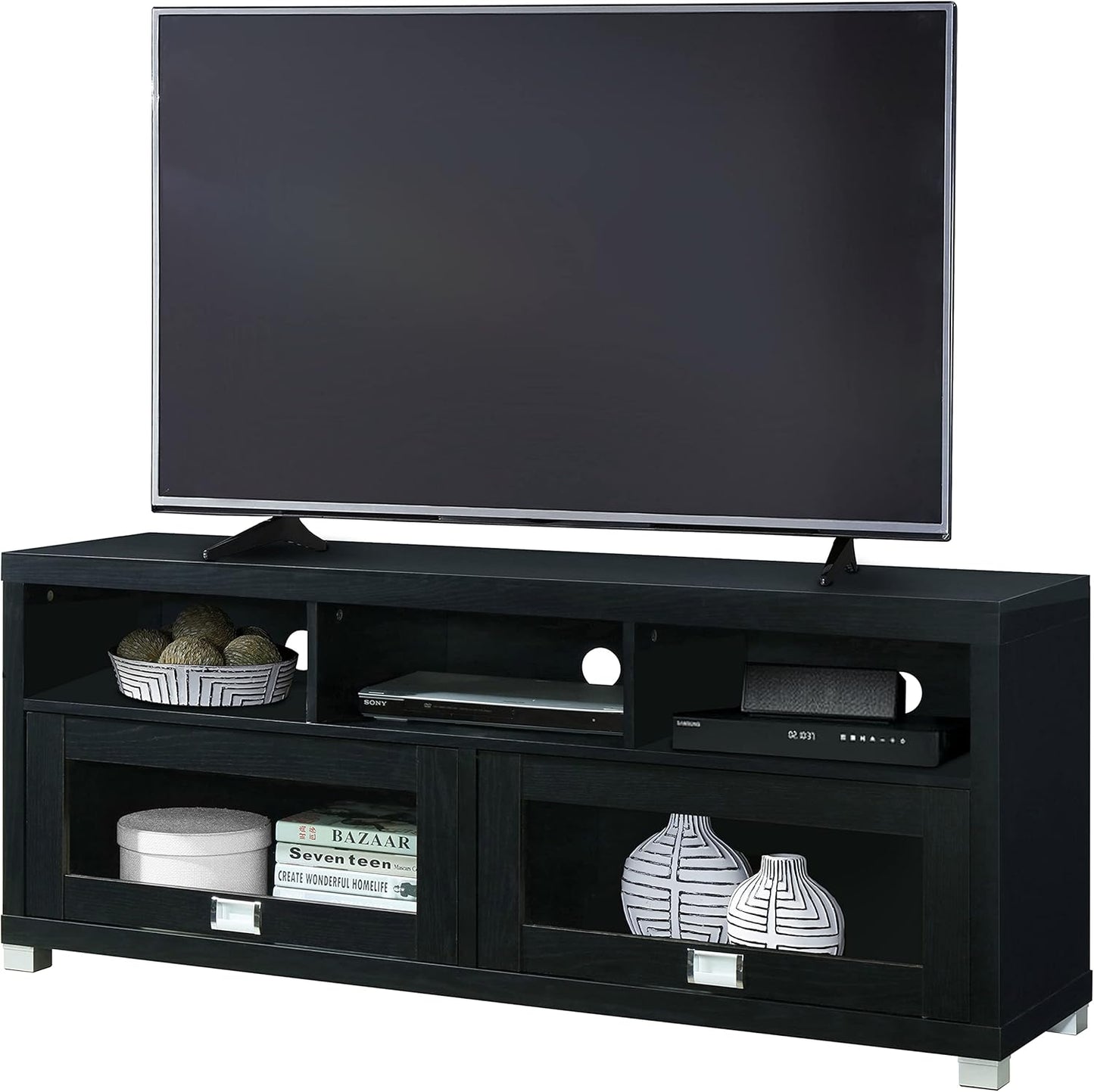 Techni Mobili TV Stand for 55+ Inch TV - Durbin Entertainment Center for 65 Inch TV - Living Room & Media Furniture with Glass Storage Cabinet Drawers, Shelves, & Cable Management Opening - Black