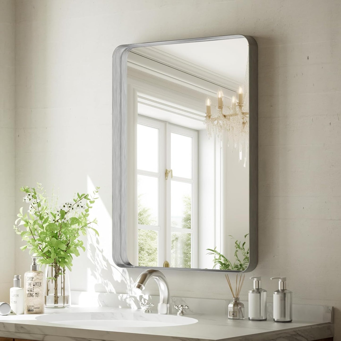 Bathroom Mirror 20x30 inch, Silver Gorgeous Deep Frame Wall Mirror, Modern Round Corner Bathroom Vanity Mirror for Bedroom, Living Room, Hanging or Leaning Horizontal or Vertical, Silver