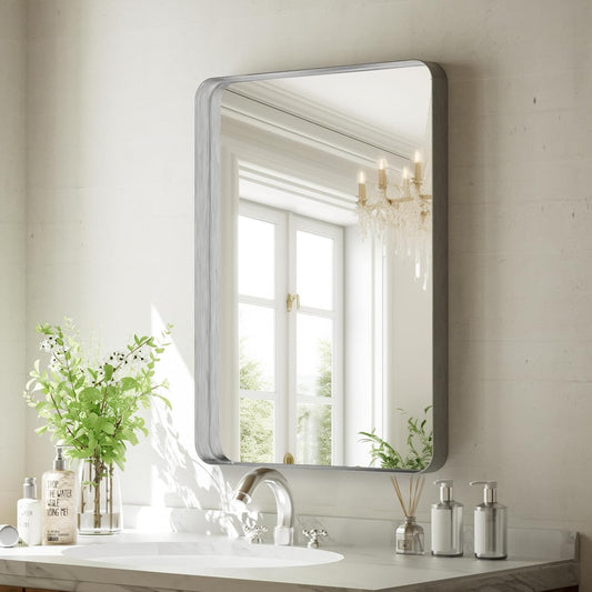 Bathroom Mirror 20x30 inch, Silver Gorgeous Deep Frame Wall Mirror, Modern Round Corner Bathroom Vanity Mirror for Bedroom, Living Room, Hanging or Leaning Horizontal or Vertical, Silver