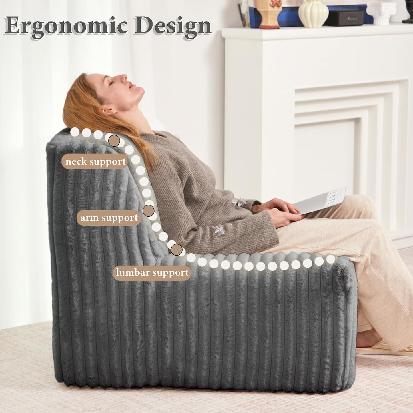 Super Comfy Lazy Sofa Chair, Soft Faux Fur Accent Chair for Living Room, Lounge Armless Floor Couch for Bedroom, Cozy Modern Single Sofa with Mememory Foam to Reading, Gaming (Grey)