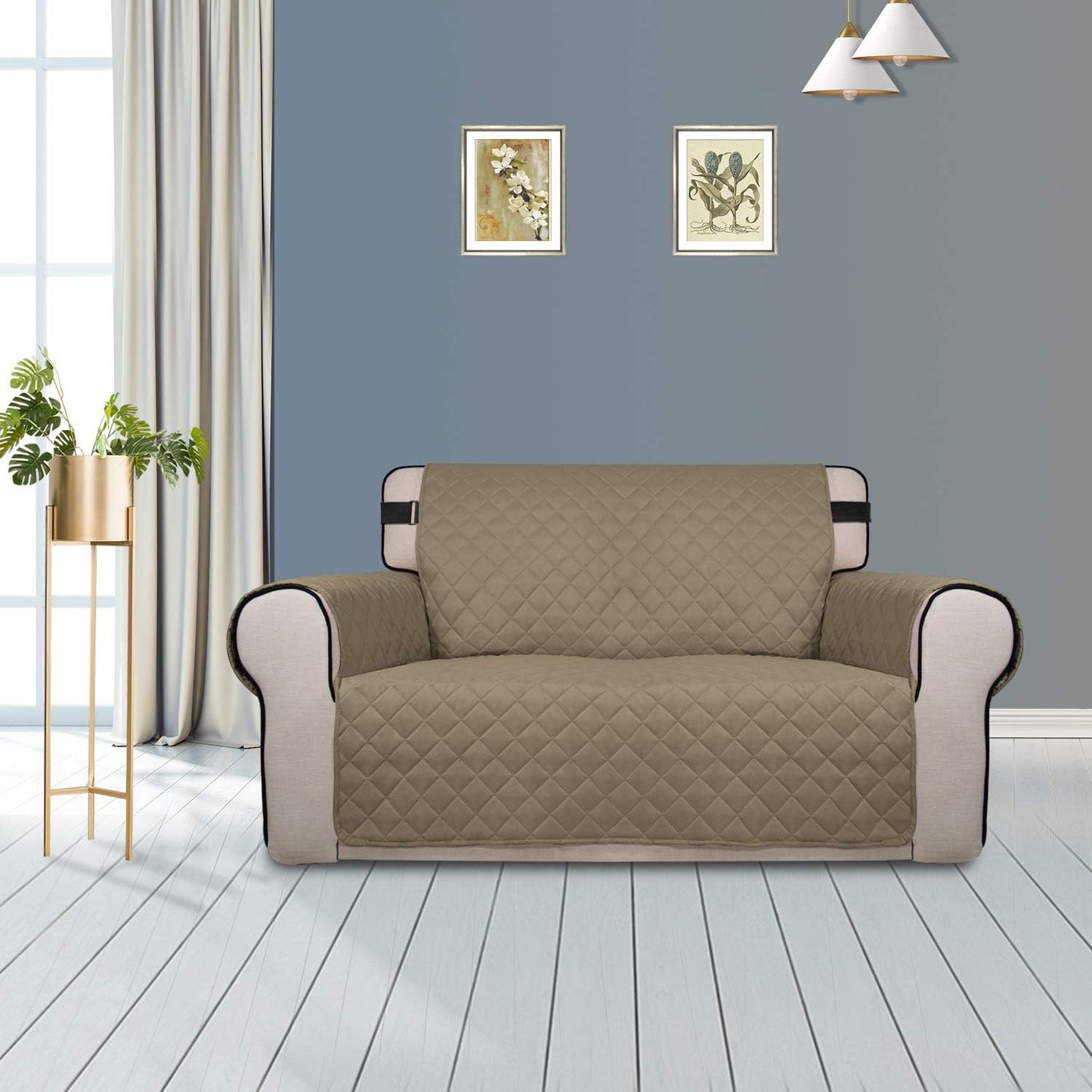 PureFit Reversible Sofa Cover Water Resistant Loveseat Couch Cover, Machine Washable Furniture Cover with Non-Slip Foam and Adjustable Strap for Dogs, Pets (Loveseat, Beige/Ivory)