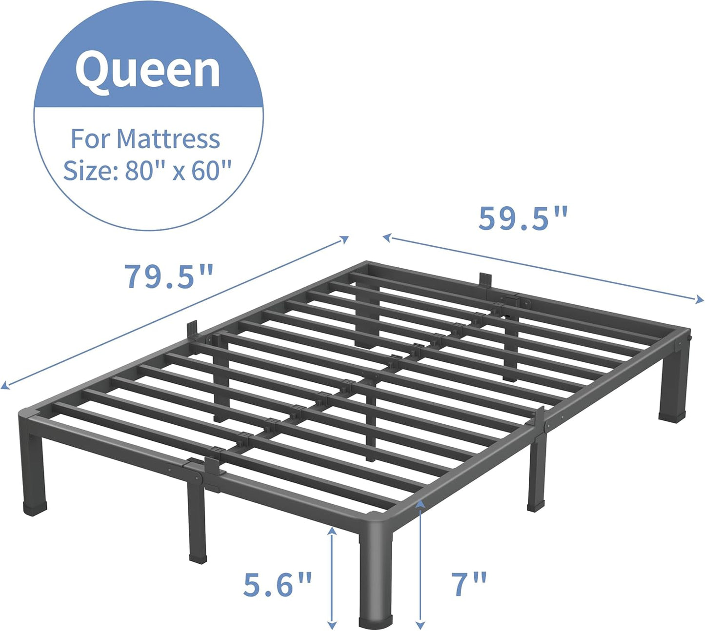 7 Inch Queen Bed Frame, 3500Lbs Heavy Duty Metal Platform with Round Corner Legs Mattress Slide Stopper, Steel Slat Support No Box Spring Needed, Noise Free, Non-Slip, Easy Assembly
