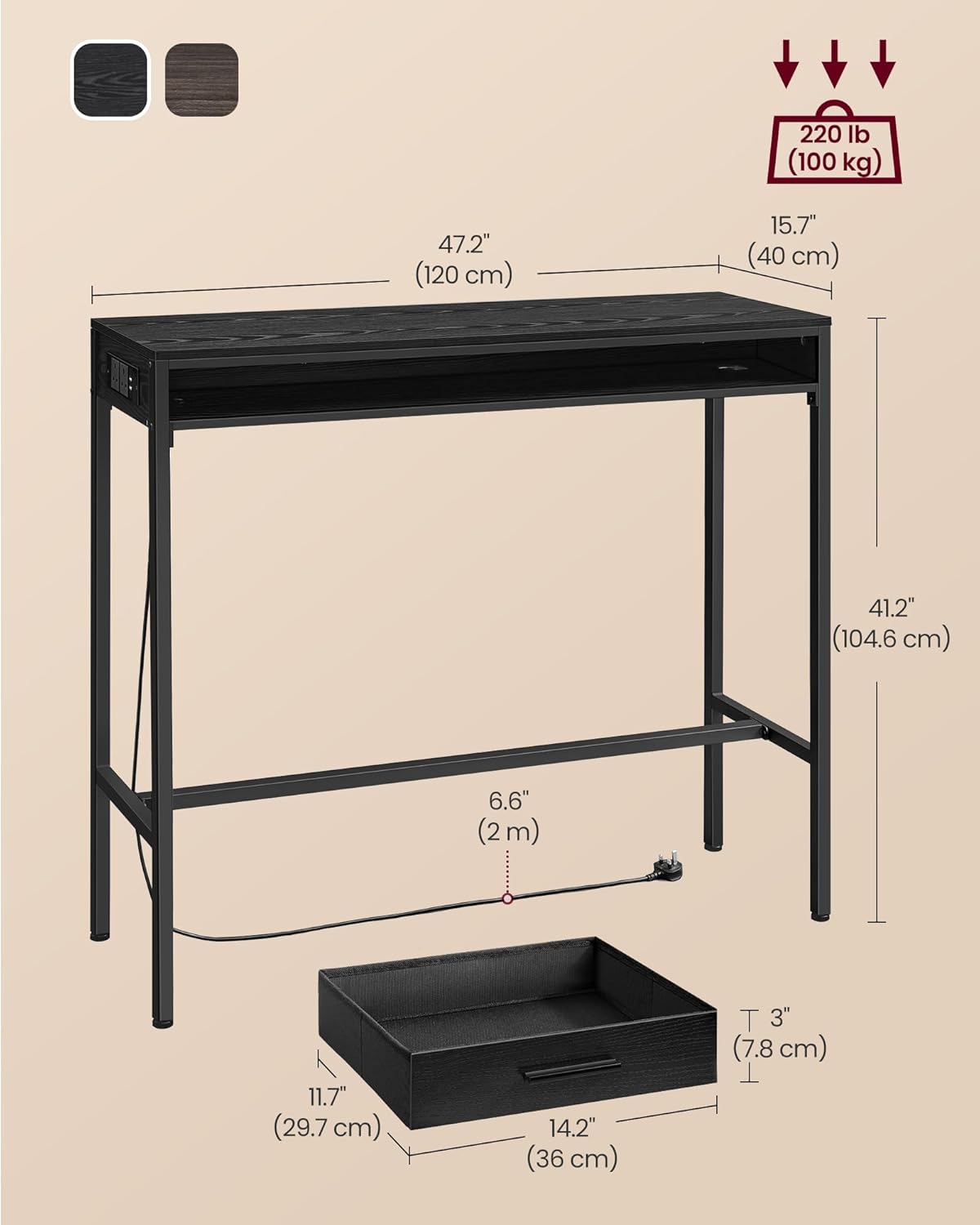 VASAGLE Bar Table with Power Outlets, 47.2 Inches Long Bar Height Pub Table, Rectangular High Top, with Movable Drawer, 2 Hooks, Narrow Storage for Kitchen, Dining, Entryway, Ebony Black