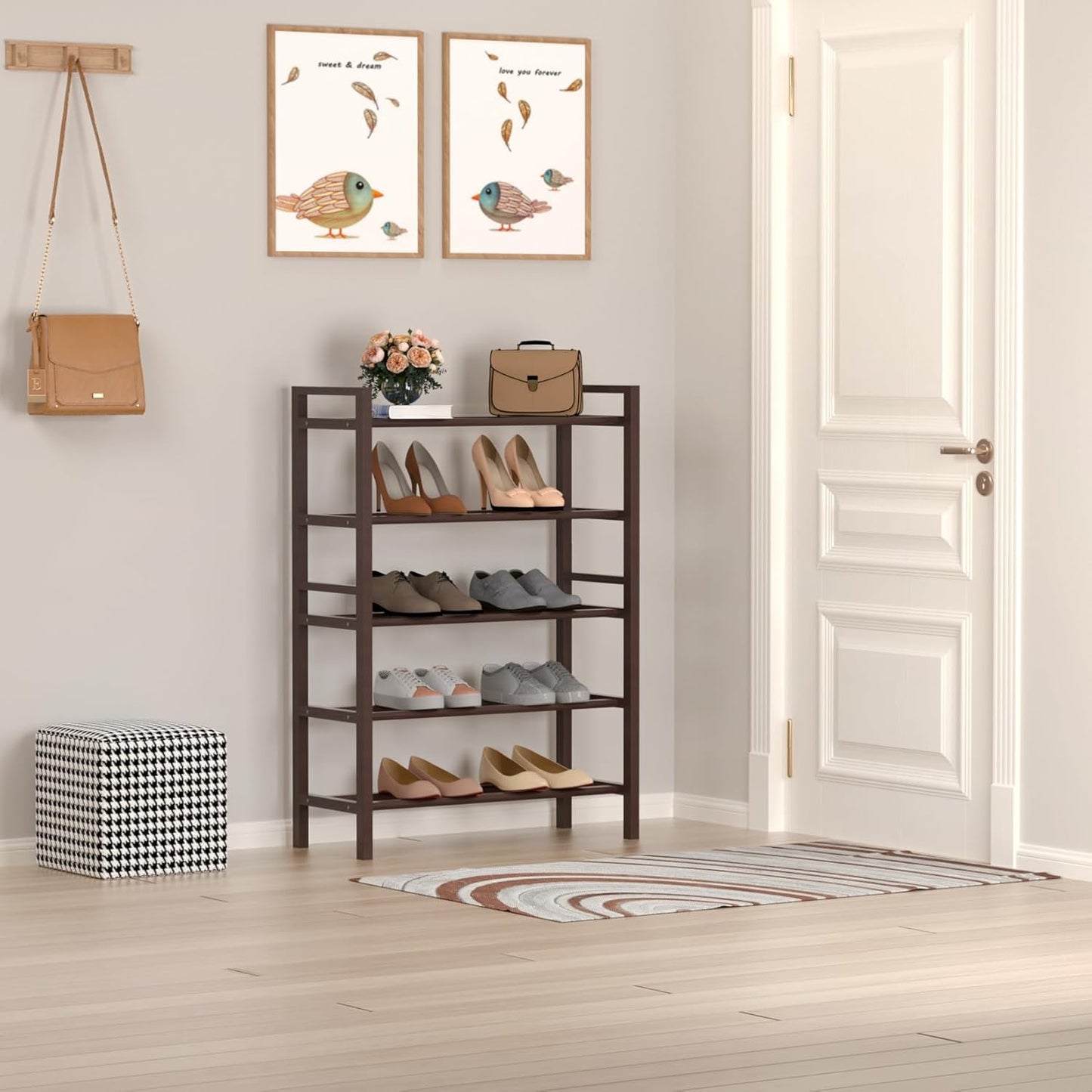 Haddockway Bamboo Shoe Rack for Closet, Free Standing Shoe Organizer with Smooth Round Rods & Convenient Handles, Stackable Shoe Storage Shelf for Entryway, Hallway(Brown, 5-Tier(Small))