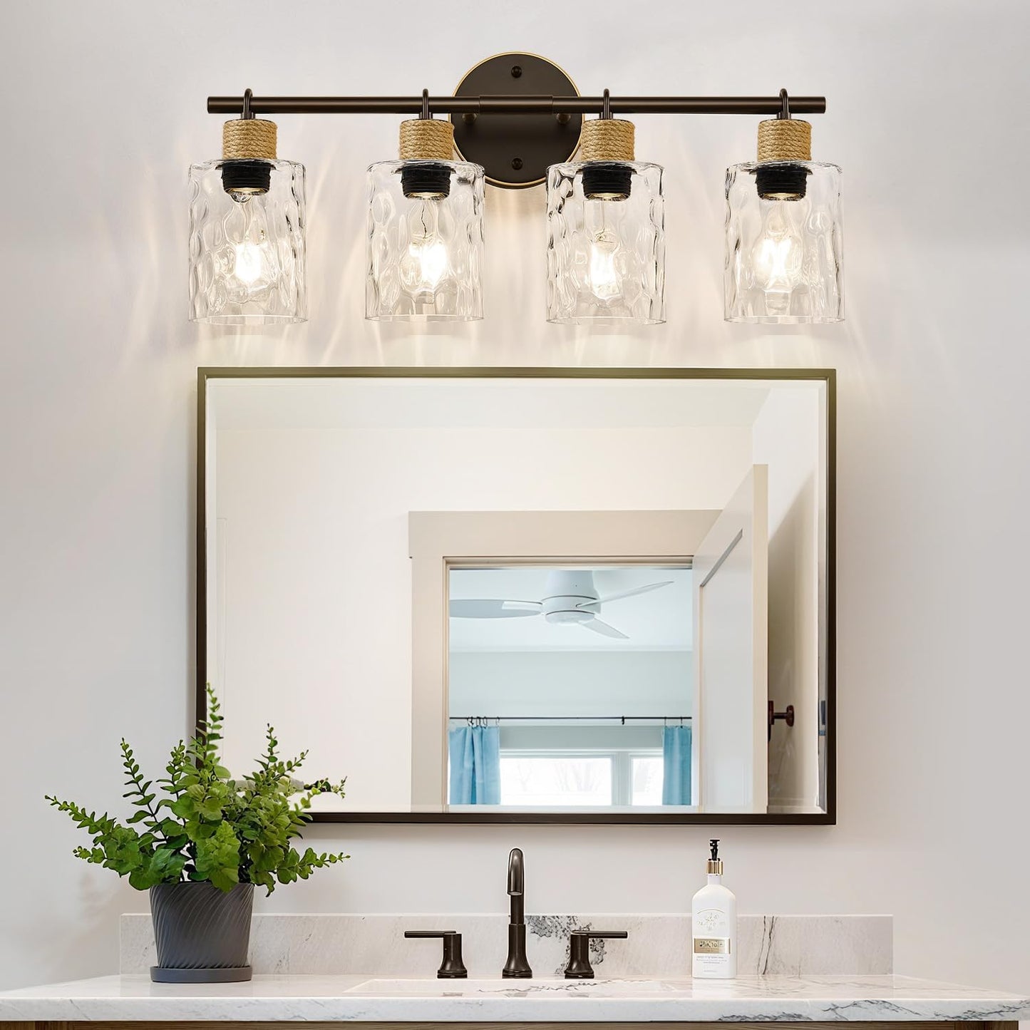 2025 Upgrade Bathroom Light Fixtures, 4-Light Coastal Vanity Lights with Crystal Glass Shade, Oil-Rubbed Bronze Bathroom Wall Lamp for Mirror Kitchen Hallway Cabinet