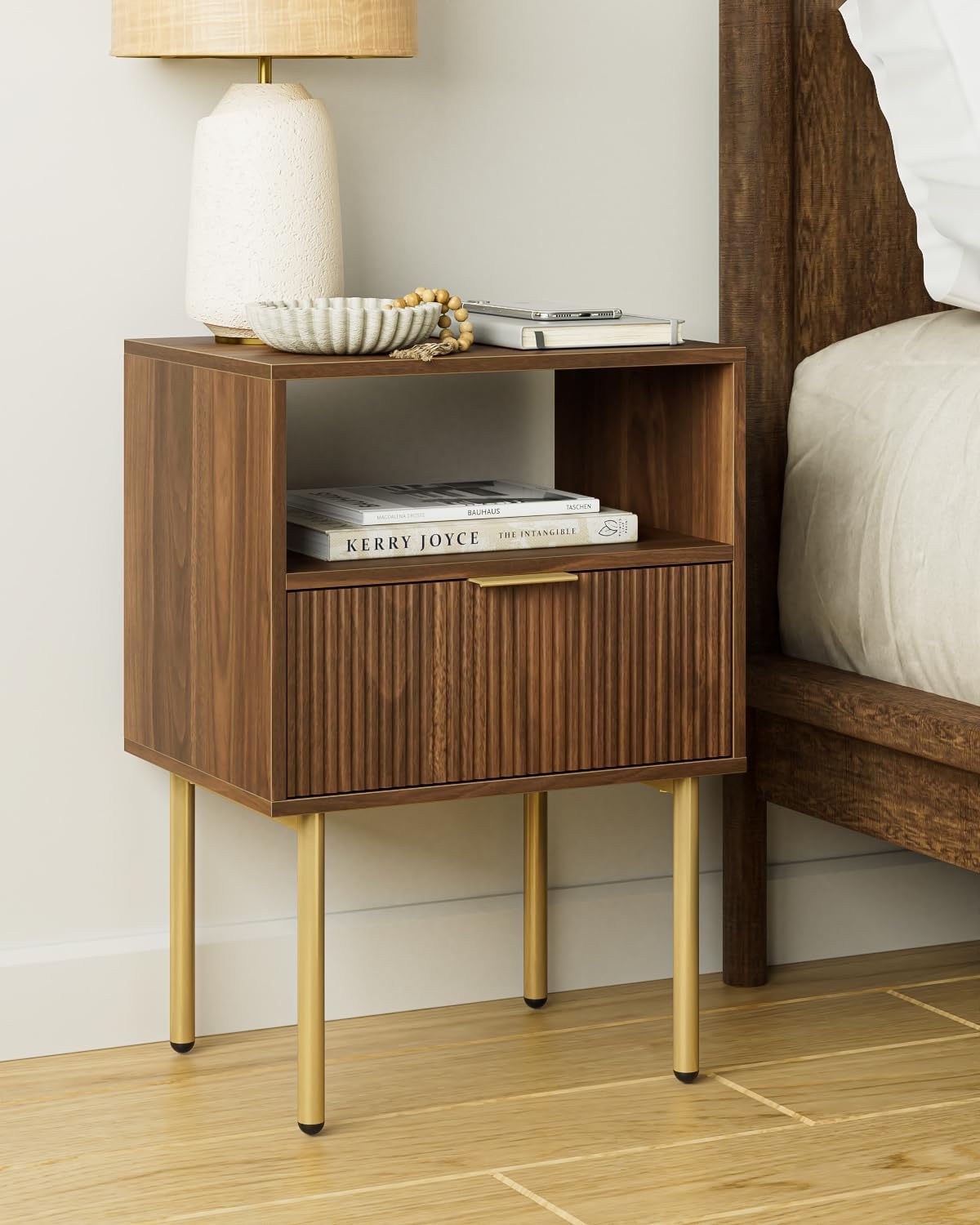 Nightstand,Small Bedside Table with Gold Frame,Morden Night Stand with 2 Drawer,End Table,Side Table with Drawer and Shelf for Bedroom,Living Room (Grey-1Drawer)