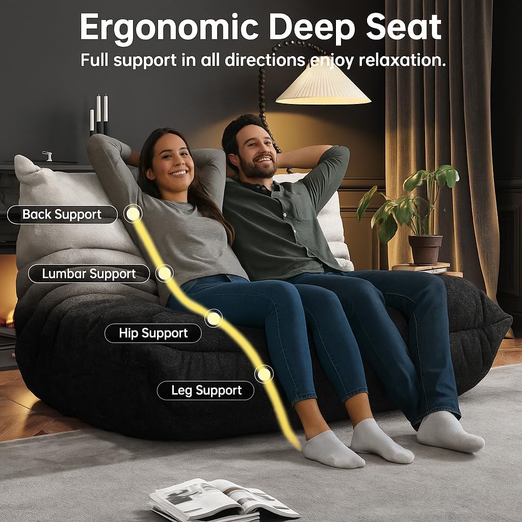 Bean Bag Chairs for Adults, Memory Foam Couch Loveseat Sofa Chair, Soft Teddy Material Cozy Comfy Reading Nook Chairs, Floor Chair for Living Room Bedroom Office(Black-White)