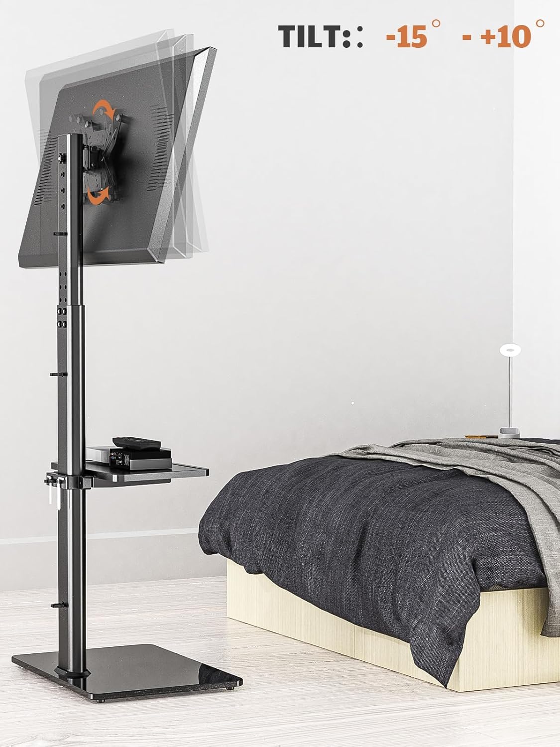 Universal Floor TV Stand with Mount for 19 to 43 inch Flat Screen TV, 100 Degree Swivel,Adjustable Height and Tilt Function, 2 Shelves Space Saving Standing TV Mount for Bedroom Living Room Corner