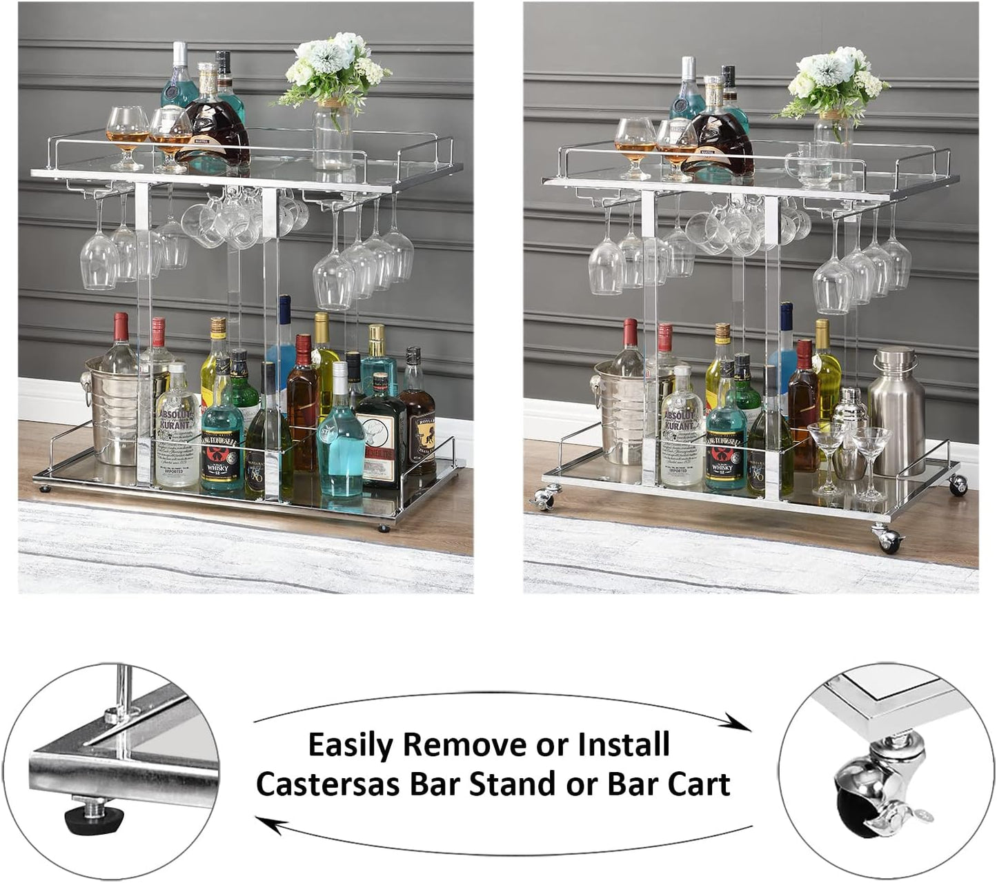 Silver Bar Cart for Home Bar Chrome Serving Cart with Wine Rack 2-Tier Acrylic Rolling Bar Carts on Wheels Clear Dessert Cart Lucite Bar Stand Glass Liquor Cart for Living Room Kitchen Club