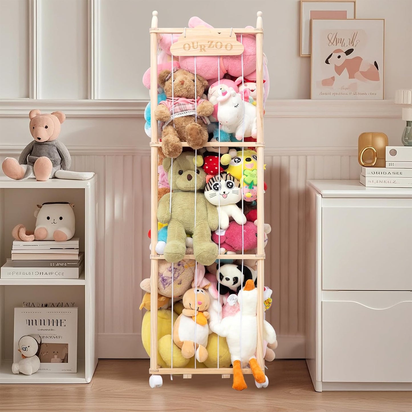 Stuffed Animal Storage Organizer, Zoo Toy Storage Holder with Wheels, Extra Large Capacity Wooden Stuffed Animals Storage Cage, Soft Toy Stuffed Animal Holder Tower for Nursery Playroom Bedroom