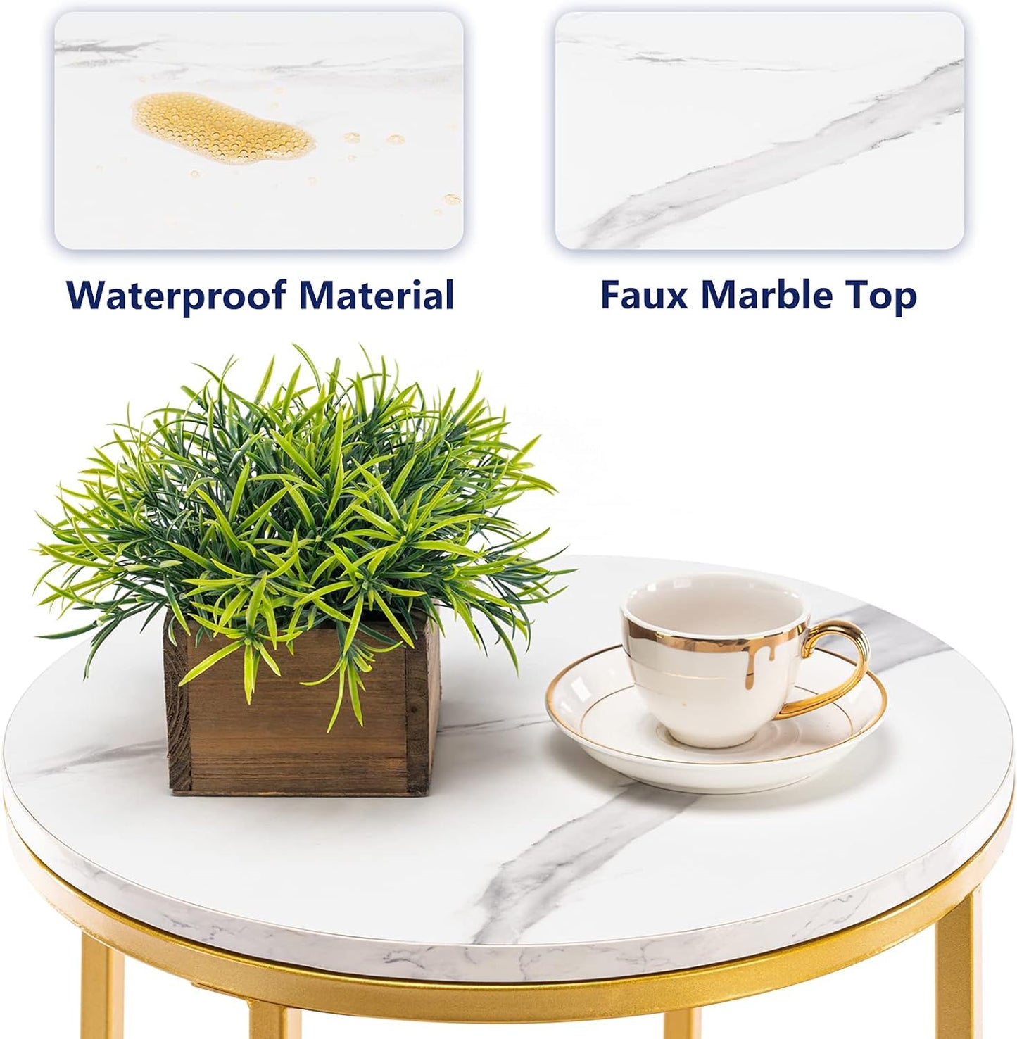 TECHMILLY Round End Table, Faux Marble Sofa Table, Accent Side Table with Metal Frame, Modern Gold Nightstand, Tall Coffee Table for Living Room, Bedroom-2 Packs