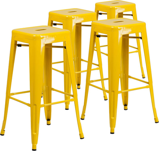 Flash Furniture Lily 4 Pack Commercial Grade 30" High Backless Yellow Metal Indoor-Outdoor Barstool with Square Seat