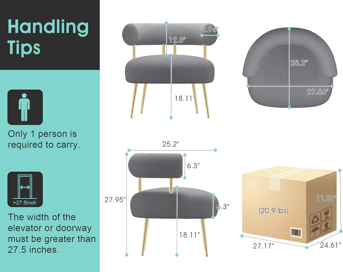 Mid Century Sherpa Boucle Accent Chair, Round Upholstered Barrel Arm Chair for Small Spaces, Fluffy Side Corner Sofa Chair for Living Room, Bedroom, Vanity, Office, Reading Nook(Grey)