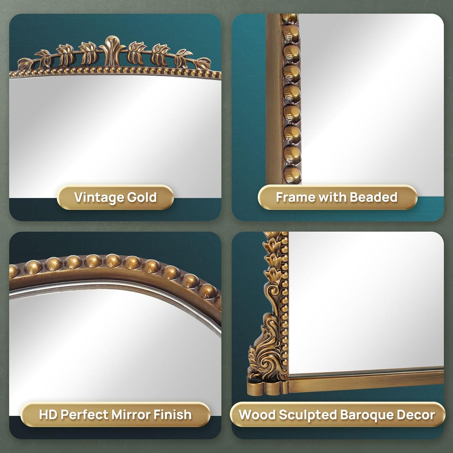 36"x23" Vintage Baroque Mirror - Ornate Antique Brass & Wood Frame, Handcrafted Arched Wall Mirror for Entryway, Living Room, Fireplace Mantel, Bathroom or Hallway Decor