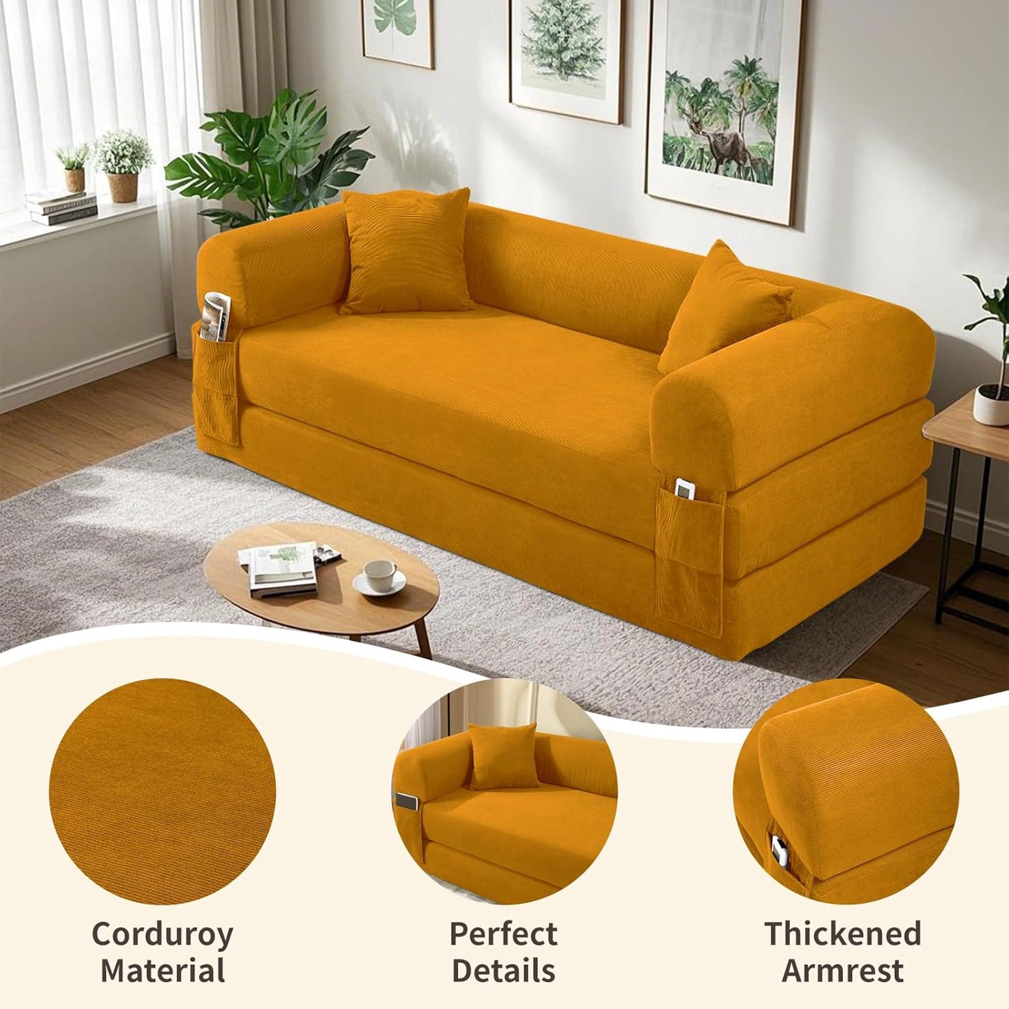 80" Convertible Sofa Bed, 3-in-1 Corduroy Folding Pull Out Couch with Pillows, No Assembly Modern Boneless Couch Compression Sofa in Box, Floor Sofa with Side Storage Pocket for Living Room, Yellow