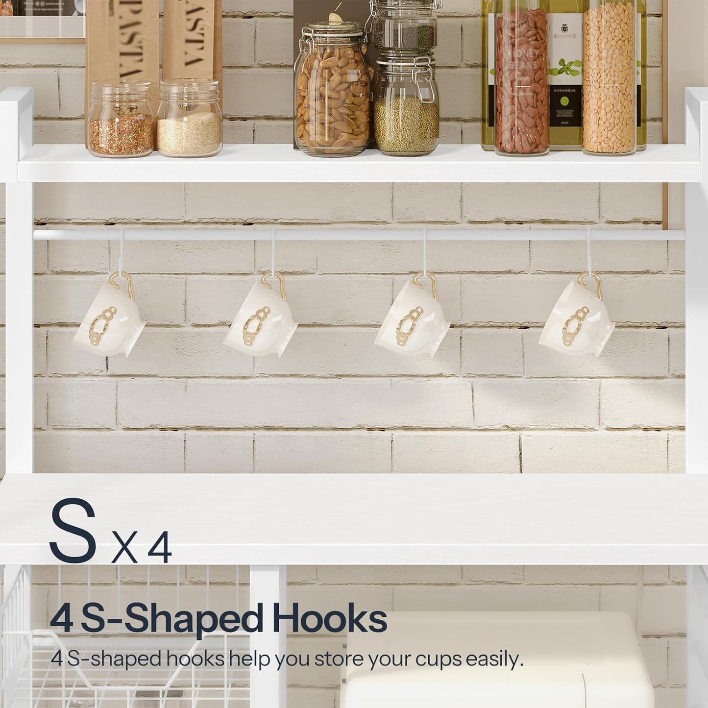 HOOBRO Bakers Rack with Power Outlet, 35.4 Inches Coffee Bar with Mesh Basket, Microwave Stand with 4 S-Shaped Hooks, Kitchen Bakers Rack with Storage, Easy to Assemble, White WT05HB01