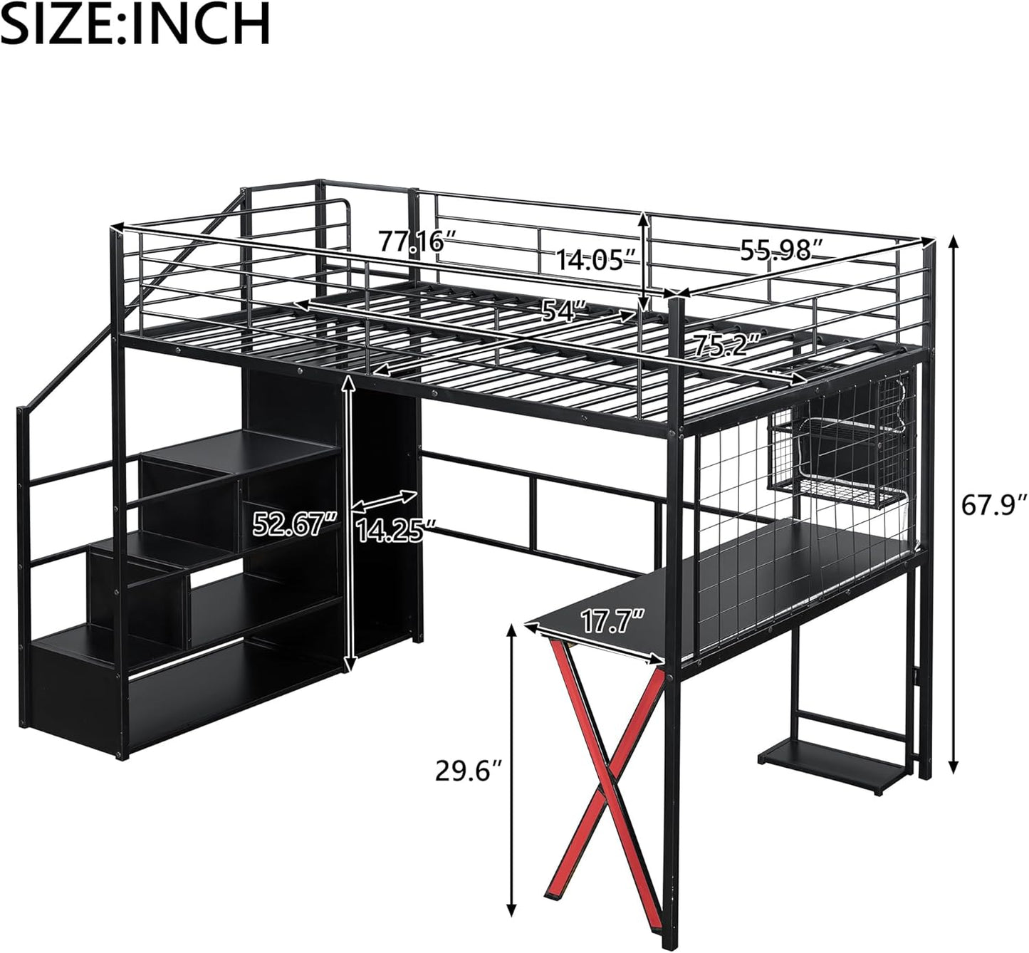 Merax Full Size Metal Loft Bed with Built-in Work Station, Wardrobe, Storage Staircase and LED, Gaming Bed for Kids Teens Adults, Full-Length Guardrails, No Box Spring Needed, Black