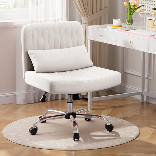 Warmiehomy Criss Cross Office Chair with Wheels, Velvet Cross-Legged Desk Chairs for Home, Height Adjustable Swivel Wide Seat Computer Chair, Modern Armless Vanity Chair for Girls Women, White