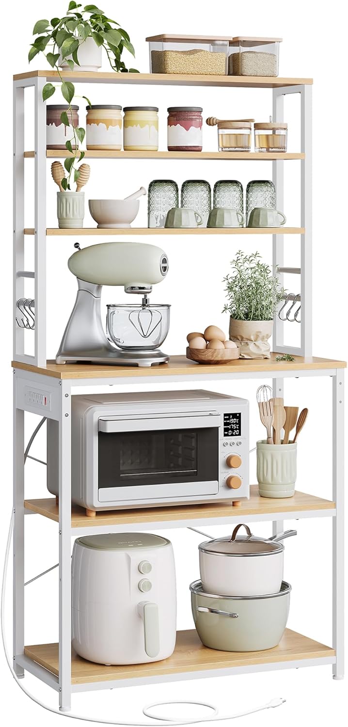 VASAGLE Bakers Rack with Power Outlet, 31.5 Inches Coffee Bar for Kitchen with Storage, 6-Tier Kitchen Shelves with 6 Hooks, Microwave Stand, Golden Oak and White UKKS119Y01
