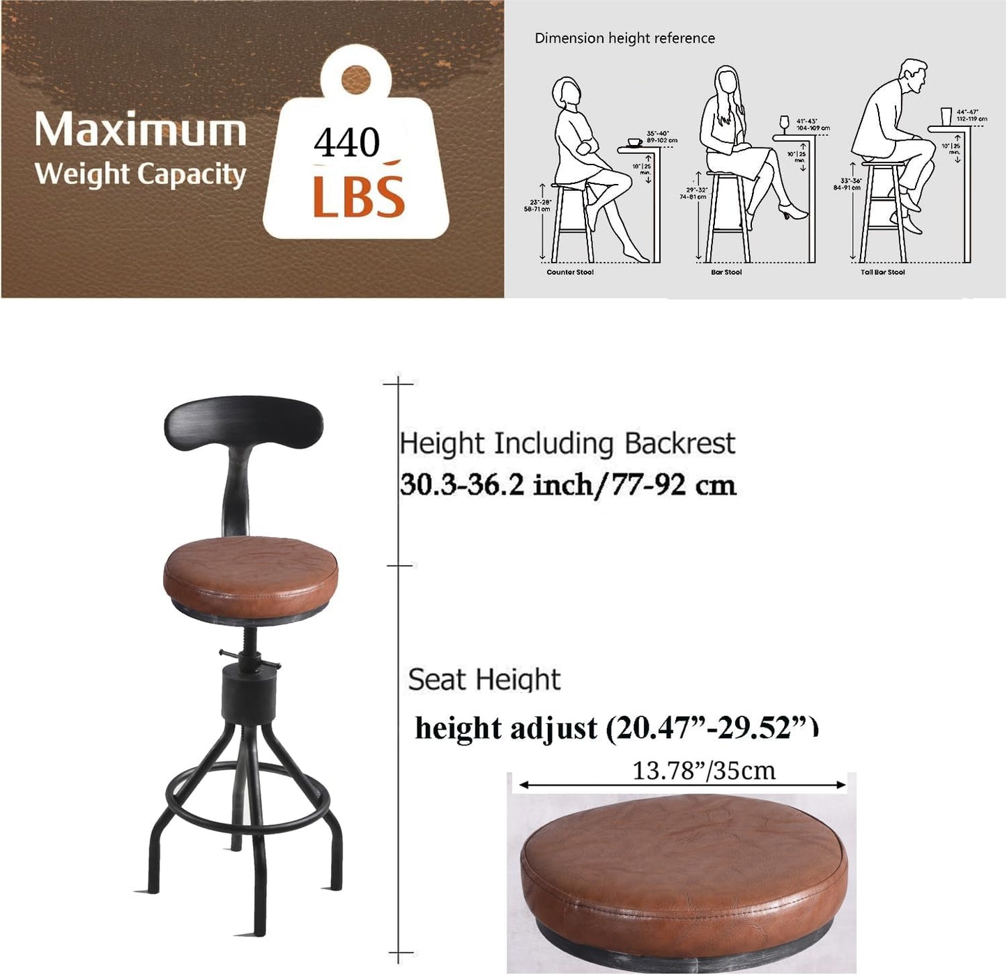 Diwhy Industrial Vintage Bar Stool, Kitchen Counter Height Adjustable Pipe Chair, Cast Iron Stool, Swivel Bar Stool with Backrest, Silver, Fully Welded Set of 2 Brown Upholstered