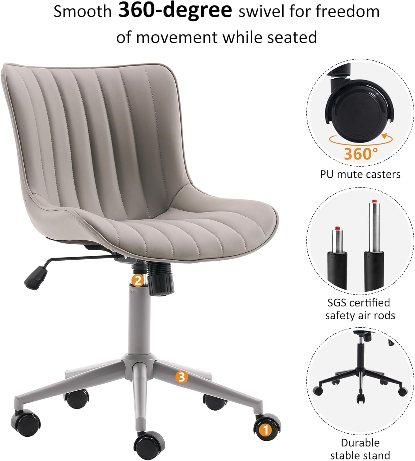 YOUNIKE Home Office Desk Chair with Wheels Armless Vanity Chair with Back Comfy Modern Leather Upholstered Rolling Task Chair Swivel Small Cute Sewing Chair No Arms Wide Adjustable Ergonomic Grey