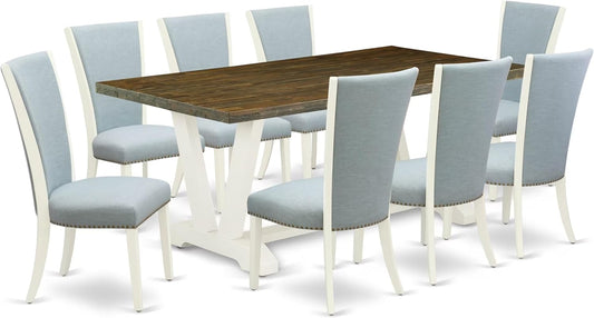 East West Furniture V077VE215-9 9 Piece Dining Room Furniture Set Includes a Rectangle Dining Table with V-Legs and 8 Baby Blue Linen Fabric Upholstered Chairs, 40x72 Inch, Multi-Color
