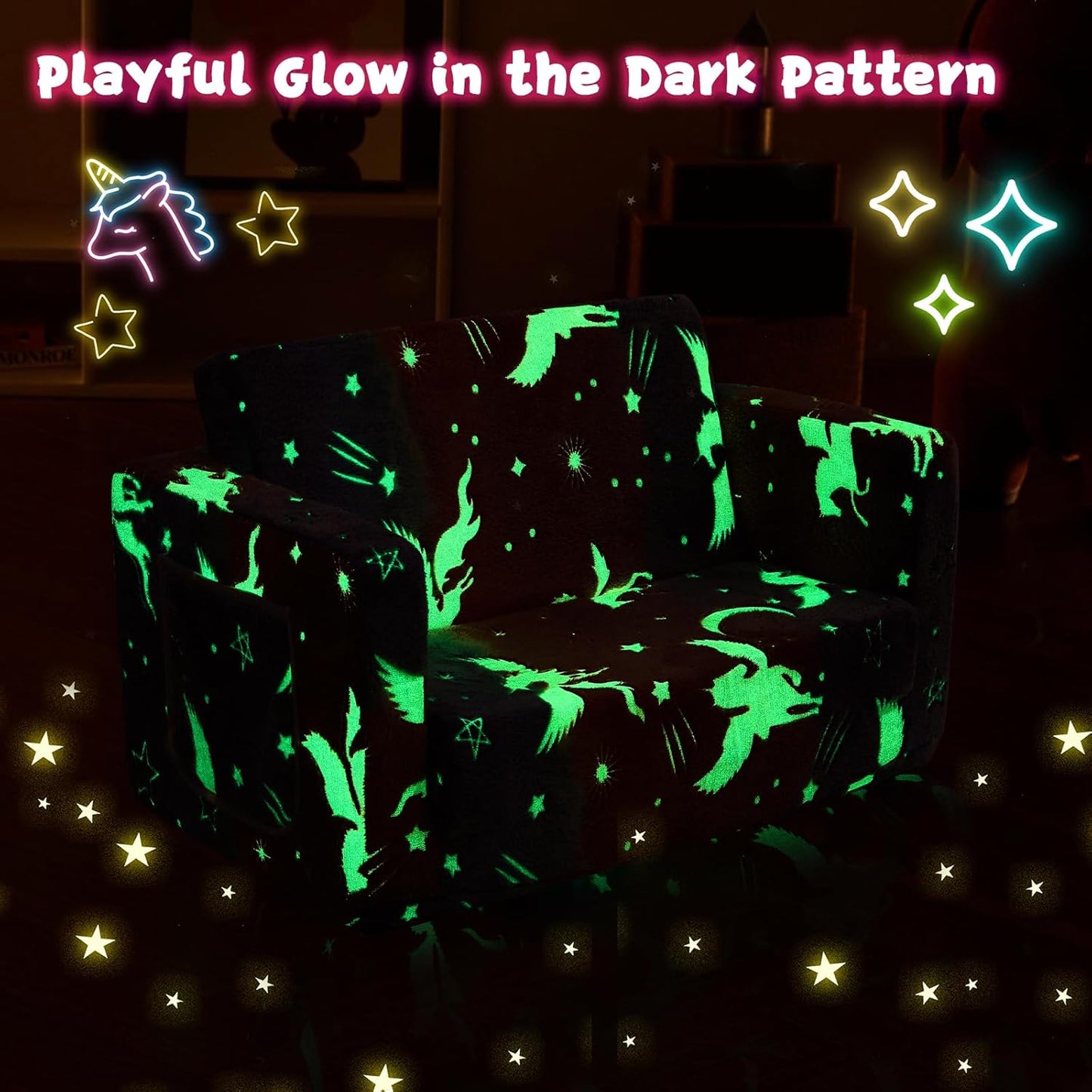 Toddler Couch,Toddler Chair,2-in-1 Baby Seat Furniture Fold Out, Convertible Sofa to Lounger Comfy Glow in The Dark Sofa Bed,Gifts for Kids Girl Boys,Elf Unicorn,Medium