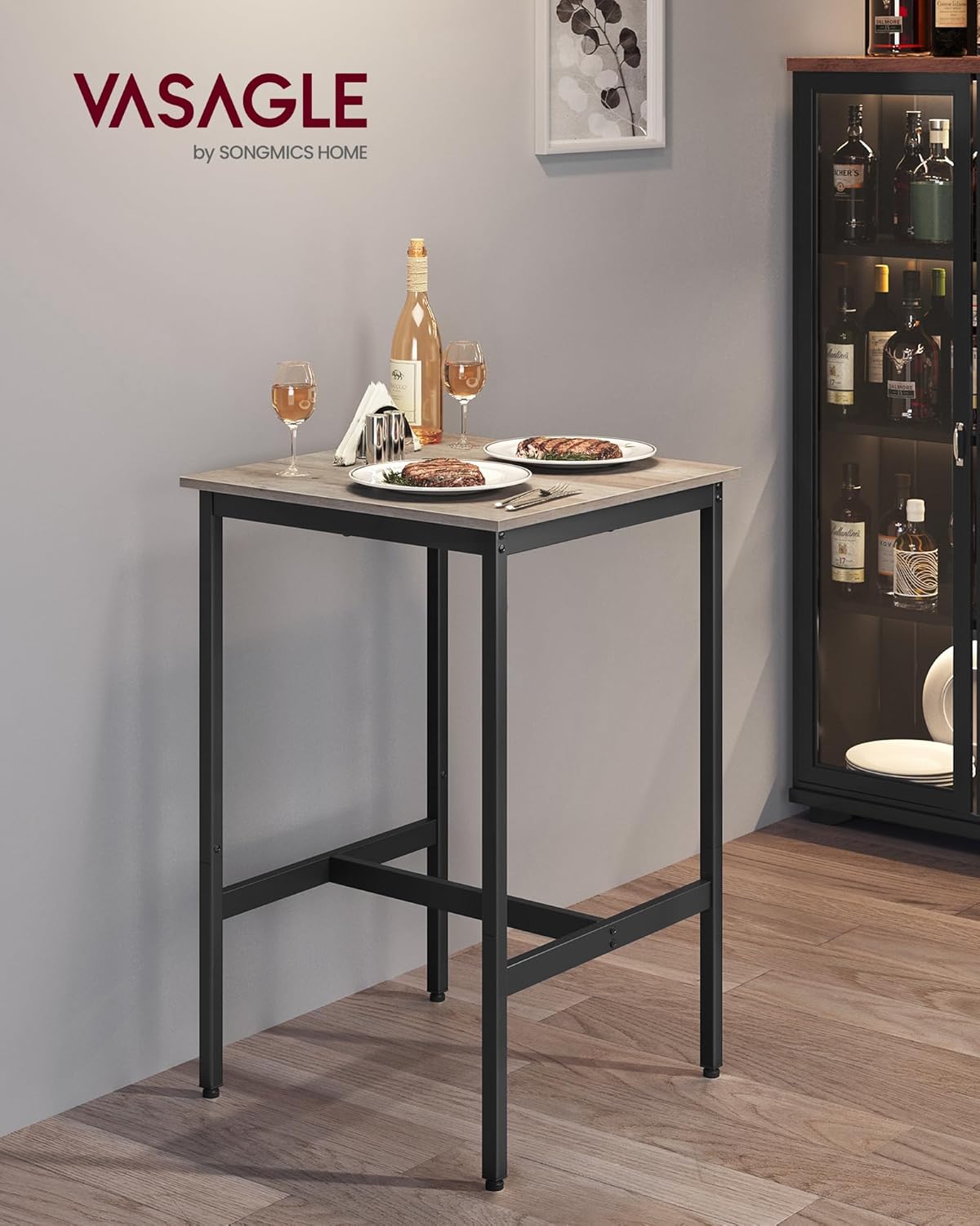 VASAGLE Bar Table, Small Kitchen Dining Table, High Top Pub Table, Height Cocktail Table for Living Room Party, Sturdy Metal Frame, 23.6 x 23.6 x 36.2 Inches for Narrow Spaces, Greige and Black
