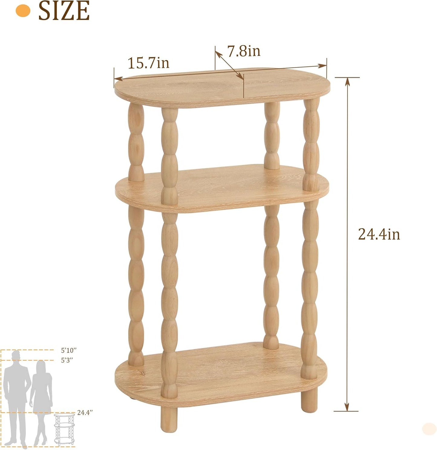 MaxSmeo Narrow Side Table, Small End Table with 3-Tier Open Shelf, Slim Bedside Table Nightstand for Small Spaces, Bedroom, Living Room (Rustic Walnut)