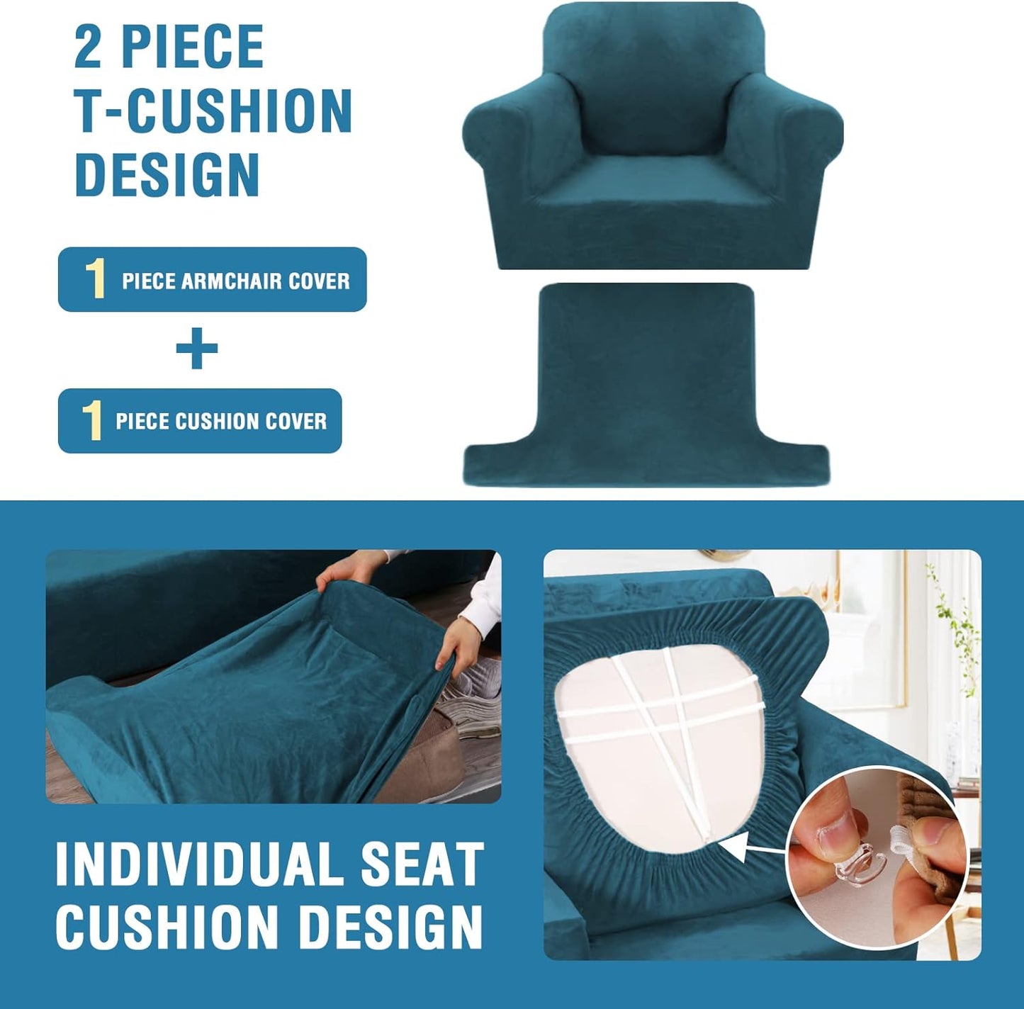 H.VERSAILTEX Sofa Cover 2 Piece T Cushion Armchair Slipcovers Velvet Couch Cover Furniture Protector Stretch T Cushion Sofa Covers for 1 Cushion Couch with 1 Individual T Cushion Covers, Deep Teal