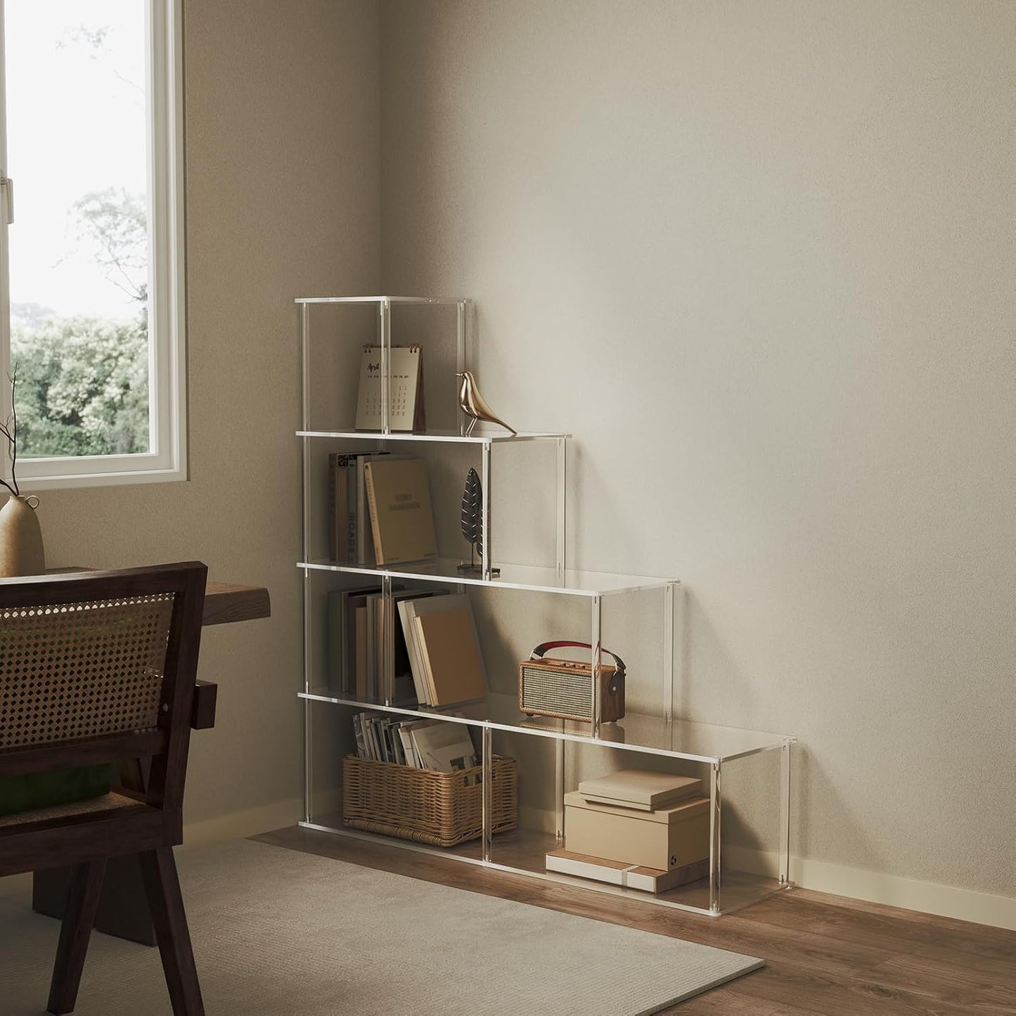 5-Tier Acrylic Stepped Bookshelf with 6 Cube, Modern Bookcase, Clear Open Book Shelf for Home Office, Living Room, Bedroom, 11.8" D x 47.2" W x 49.2" H