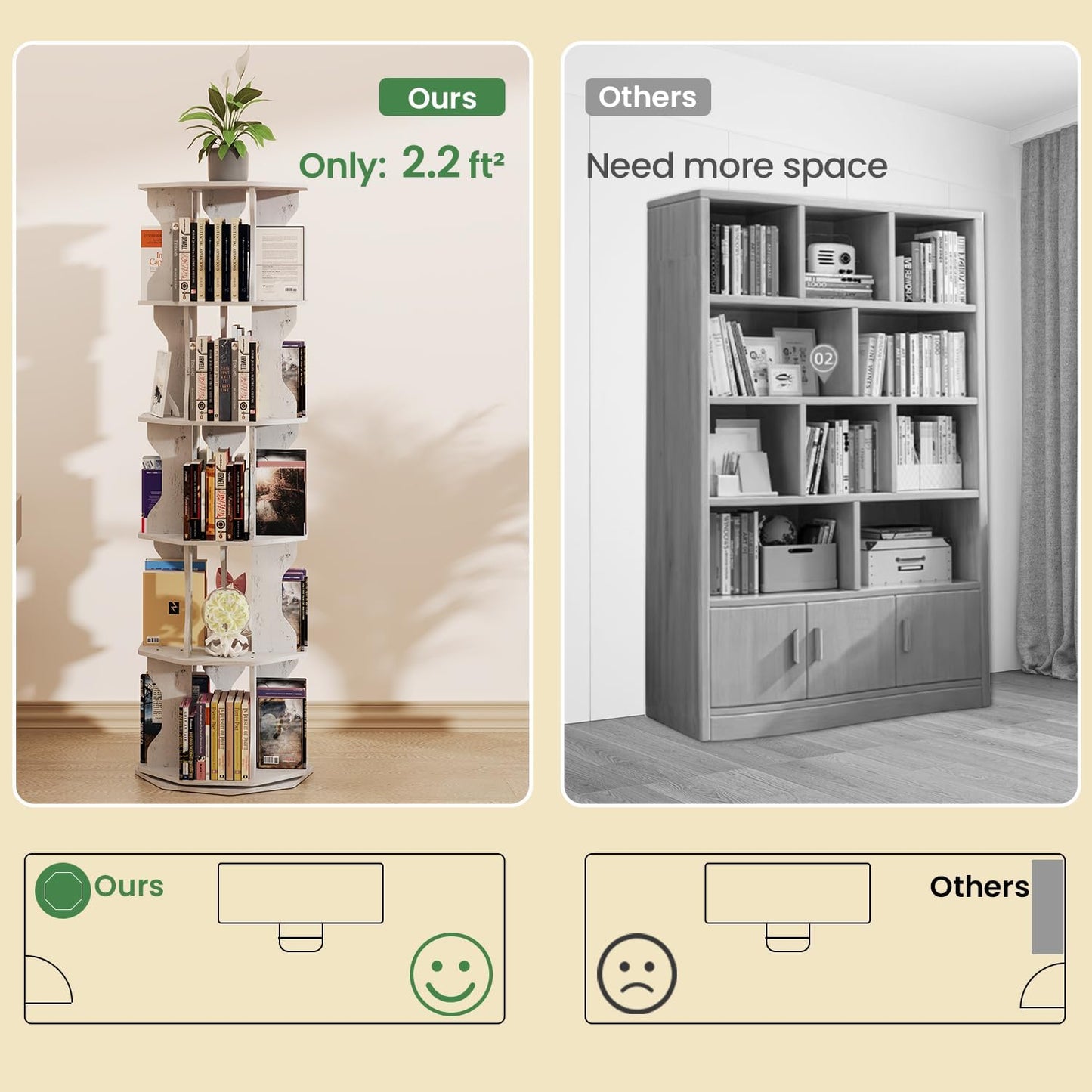 Rotating Bookshelf, 5 Tier Spinning Bookshelf Tower, Corner Revolving Storage Rack for Bedroom, Study Room, Kids Room, Living Room, Office (White, 5 Tier)