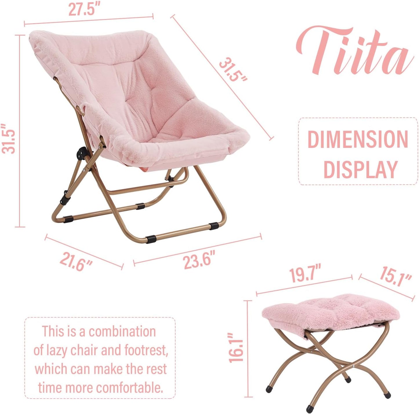 Tiita Comfy Folded Chair, Soft Faux Fur Oversized Folding Accent Chair, Lounge Lazy Chair for Kids Teens Adults, Metal Frame Moon Chair for Bedroom, Living Room, Dorm Rooms, X-Large Pink