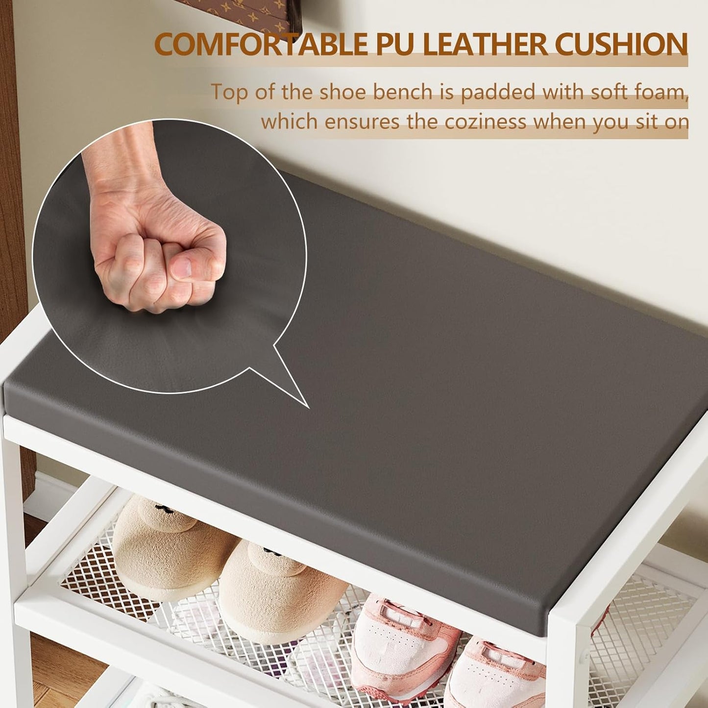 Small Shoe Bench Shoe Rack Storage Bench Entryway Bench Shoe Shelf with Seat Cushion, Stable Shoe Organizer for Entryway, Living Room, Bench Seat Holds Up to 300 lb, (18"L x 12"W x 17"H, White)