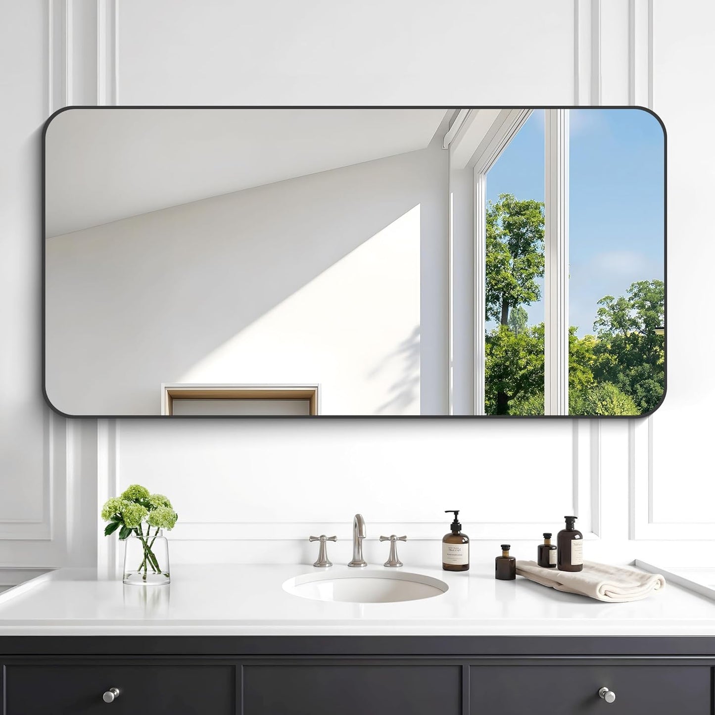 KOCUUY Black Bathroom Vanity Mirror, 24 x 48 inch Metal Frame Mirror with Rounded Corner, Rectangle Design of Upgraded Shatterproof Glass for Bathroom, Bedroom, Living Room, Entryway