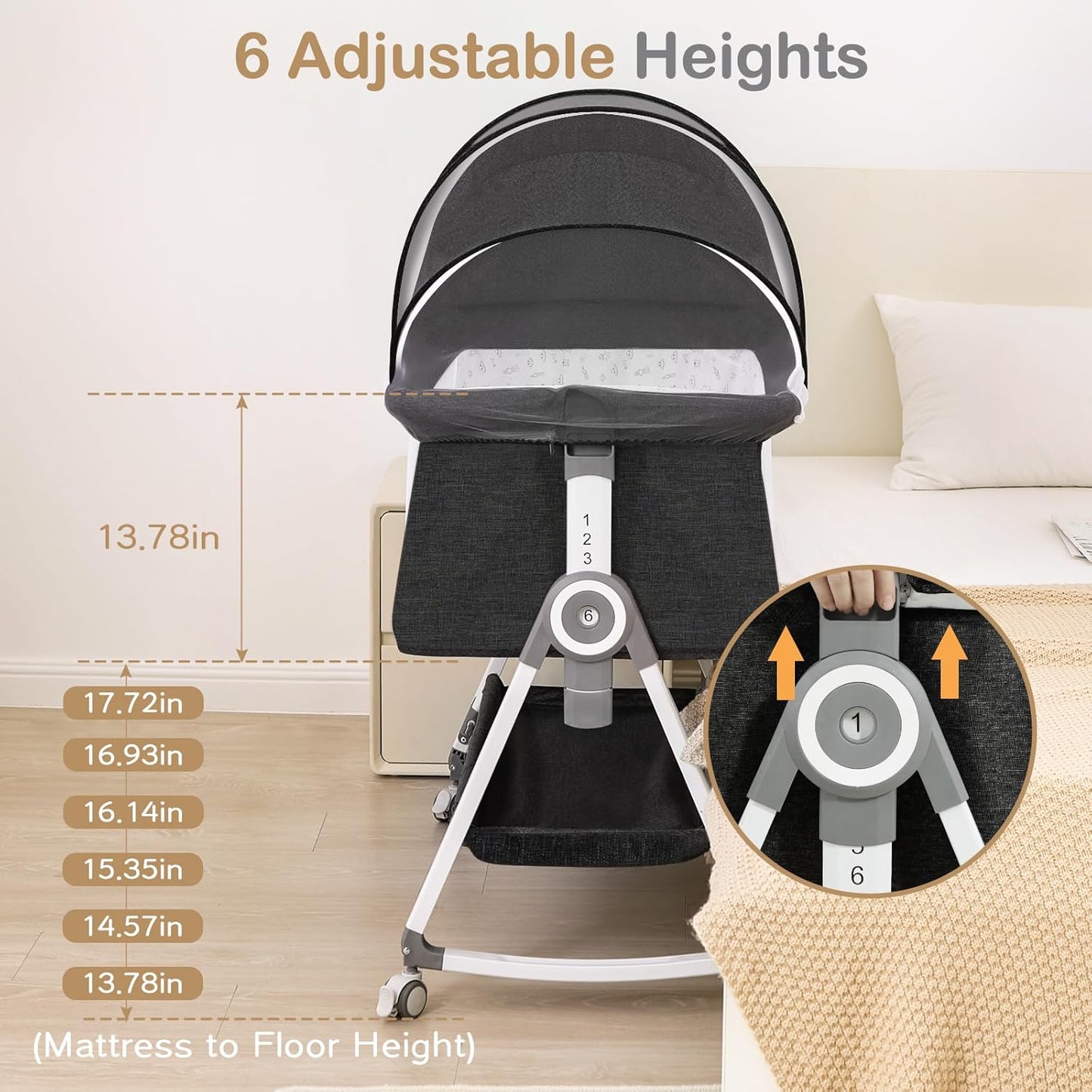 Baby Bassinet, Bedside Bassinet for Baby, 4 in 1 Bassinet Bedside Sleeper with Locked Wheels, Mosquito Net, Adjustable Easy Folding Portable Crib for Infant Newborn, Dark Grey