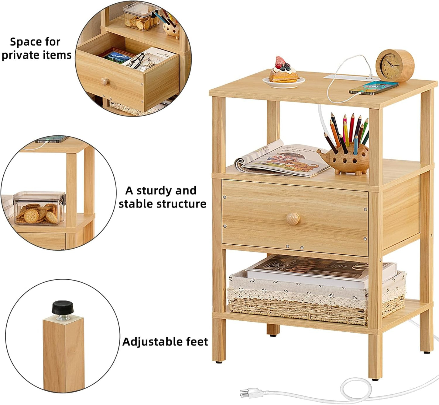Lerliuo Nightstand Set of 2 with Charging Station and USB Ports, 3-Tier Storage End Table with Drawer Shelf, Night Stand for Small Spaces, Wood Bedside Table for Living Room, Bedroom - Natural Wood