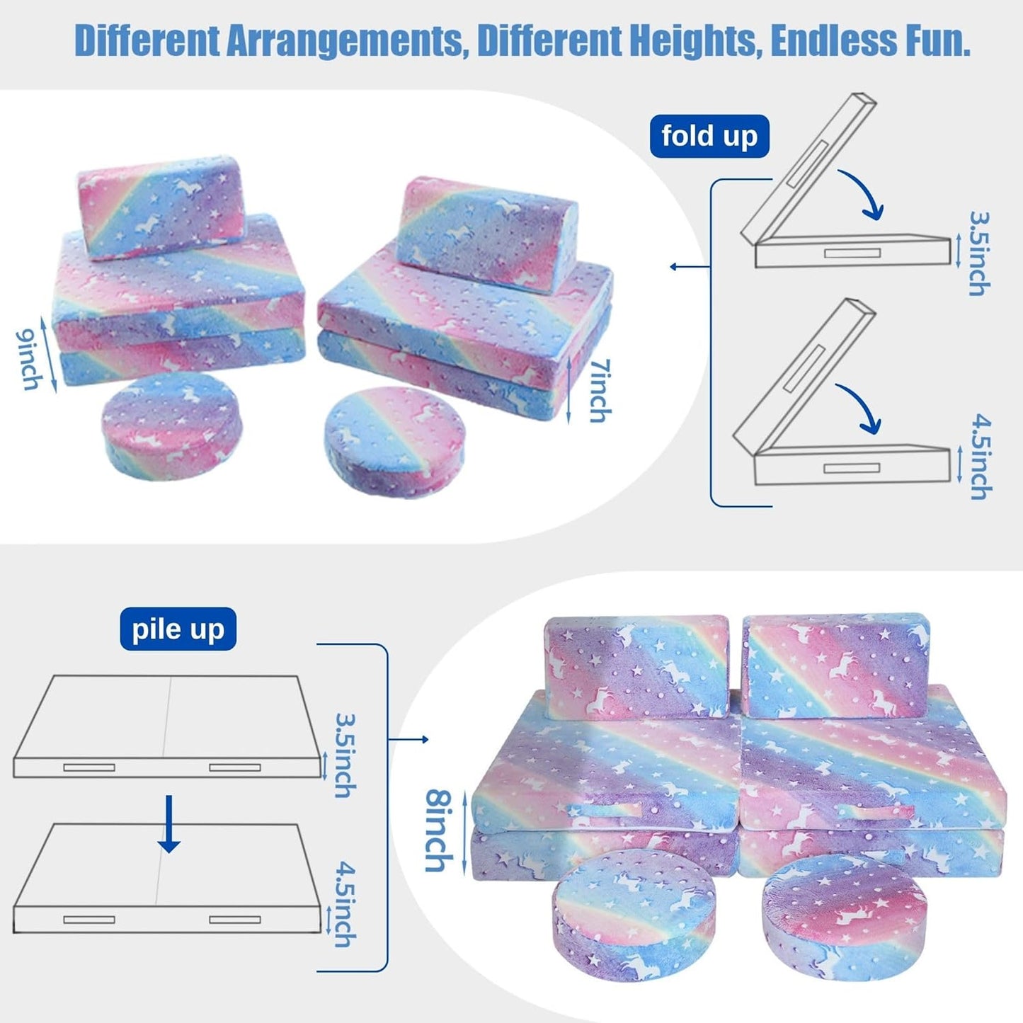 MeMoreCool Modular Glow Sofa for Kids, 8-Piece Convertible Foam Couch Play Set with Unicorn, Rainbow, and Star Pattern for Toddlers and Playroom