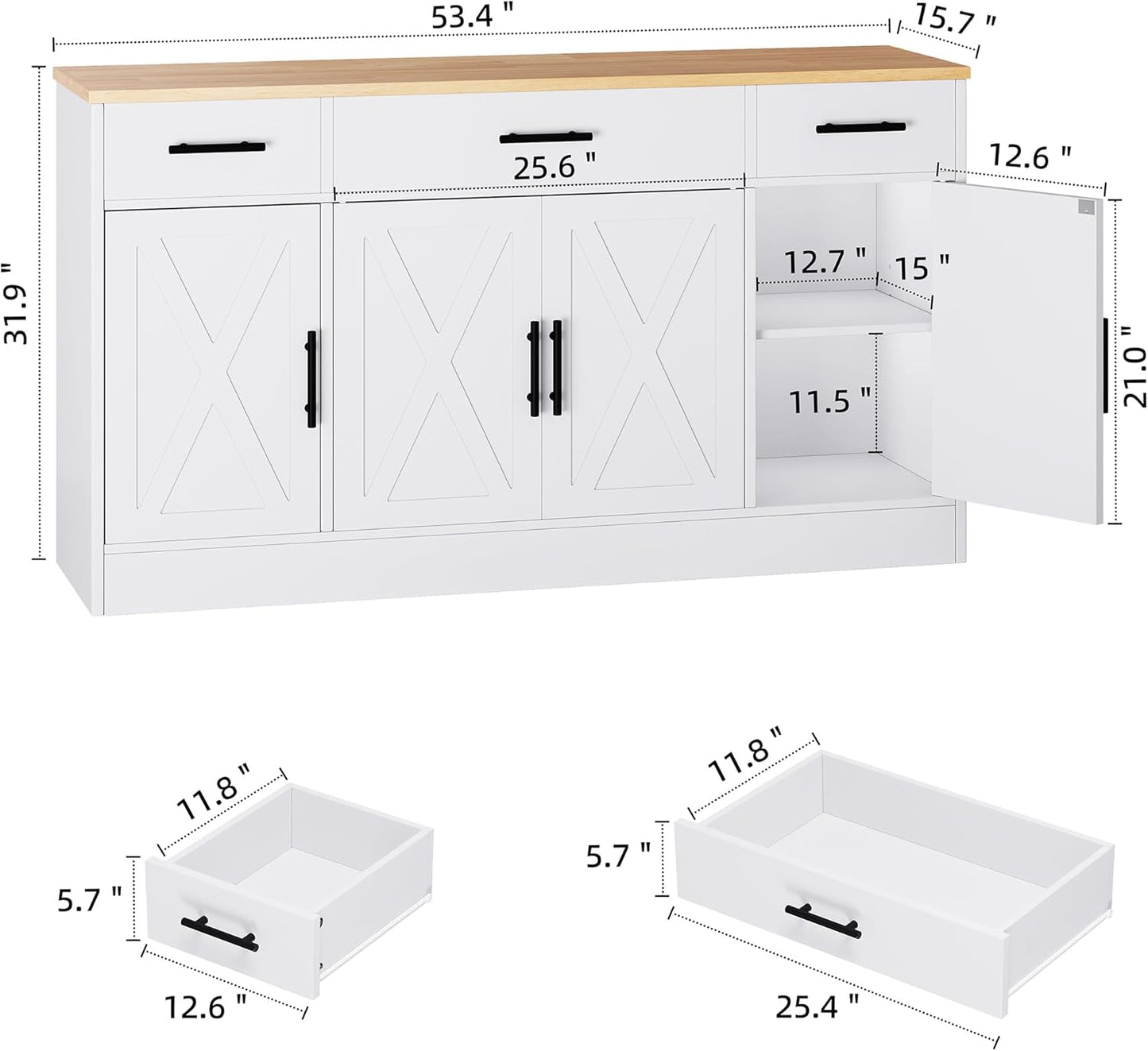 Shintenchi Sideboard Buffet Cabinet with Storage,53.4" Large Kitchen Buffet Storage Cabinet with 3 Drawers and 4 Doors,Wood Farmhouse Sideboard with Adjustable Shelf for Kitchen, Living Room,White