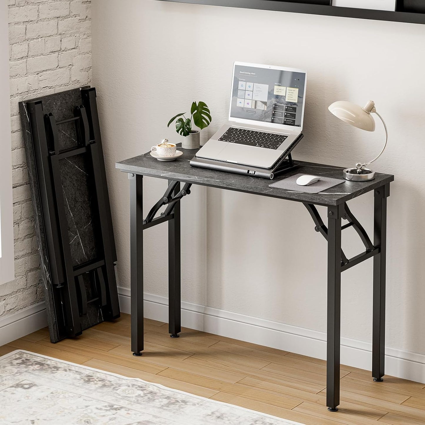 Frylr Small Folding Computer Desk – Portable 35.8 Inch Foldable Laptop Table, Collapsible and Compact for Easy Storage and Fast Setup, Lightweight for Small Spaces, Craft and Study Use, Marble Greige